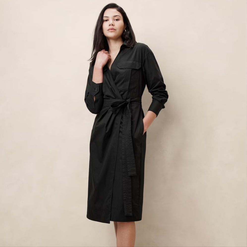 Banana Republic Factory Black Midi Dress Long Sleeve Lightweight